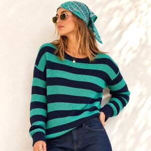 Vince Camuto Cotton Striped Back Button Sweater Teal Green Navy Knit Top L Retro